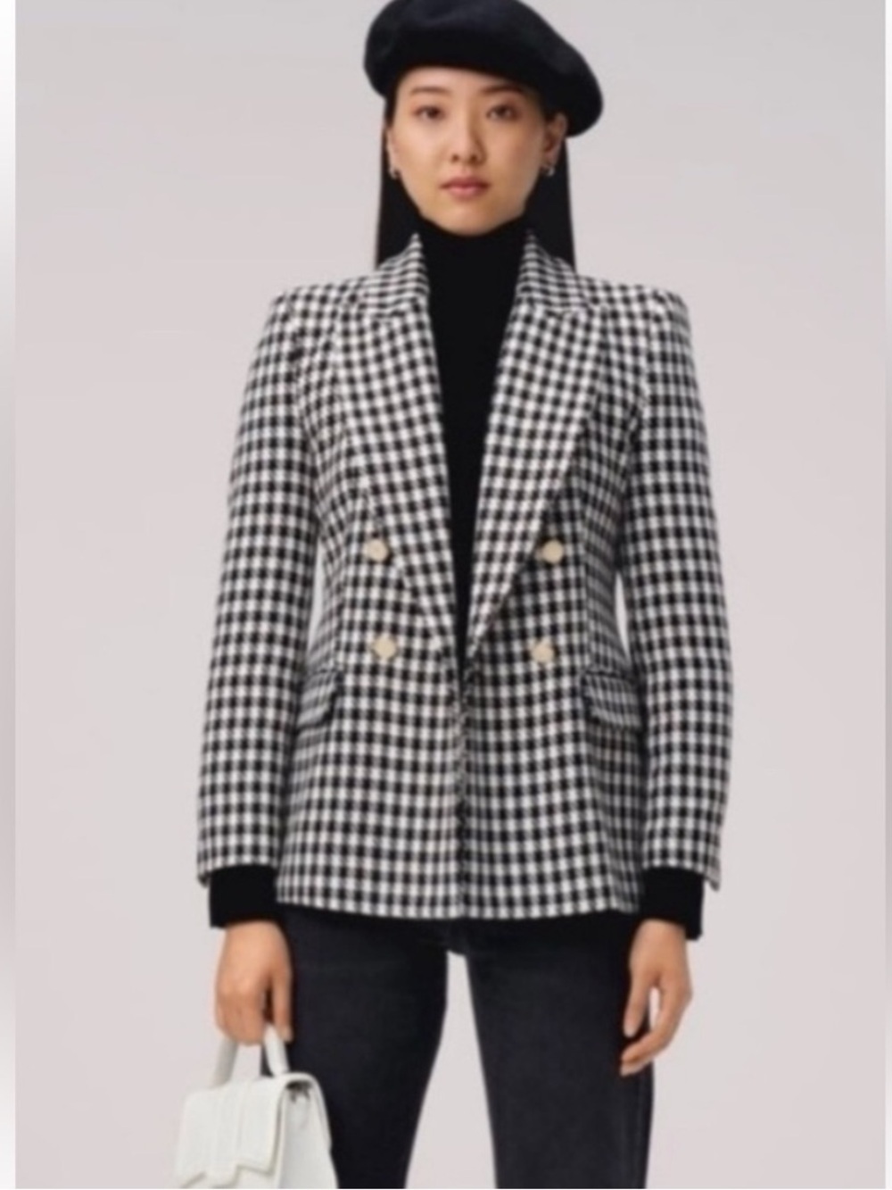 Zara Double-Breasted Houndstooth Black and White Structured Shoulder Blazer XS